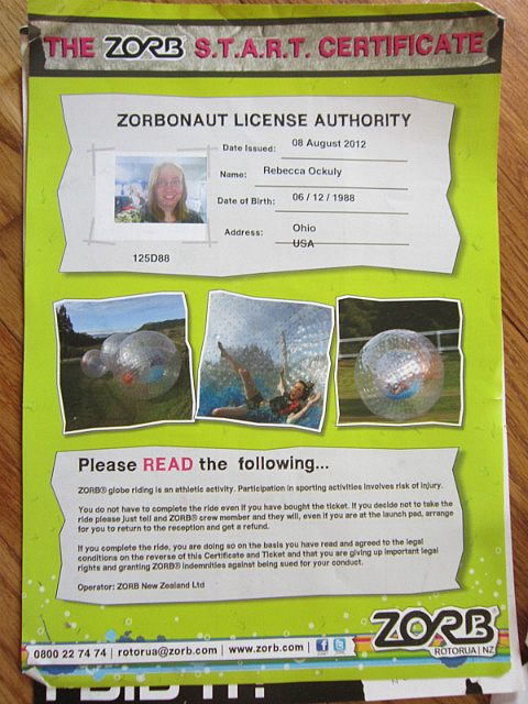 Zorbing Certificate